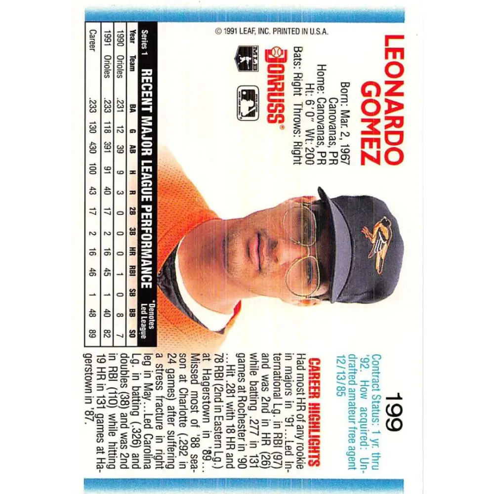 1992 Donruss #199 Leo Gomez NM-MT Baltimore Orioles Baseball Card Image 2