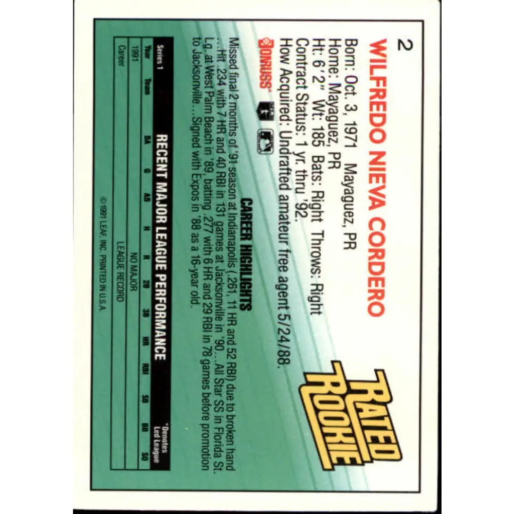 1992 Donruss #2 Wil Cordero RR NM-MT Montreal Expos Baseball Card Image 2