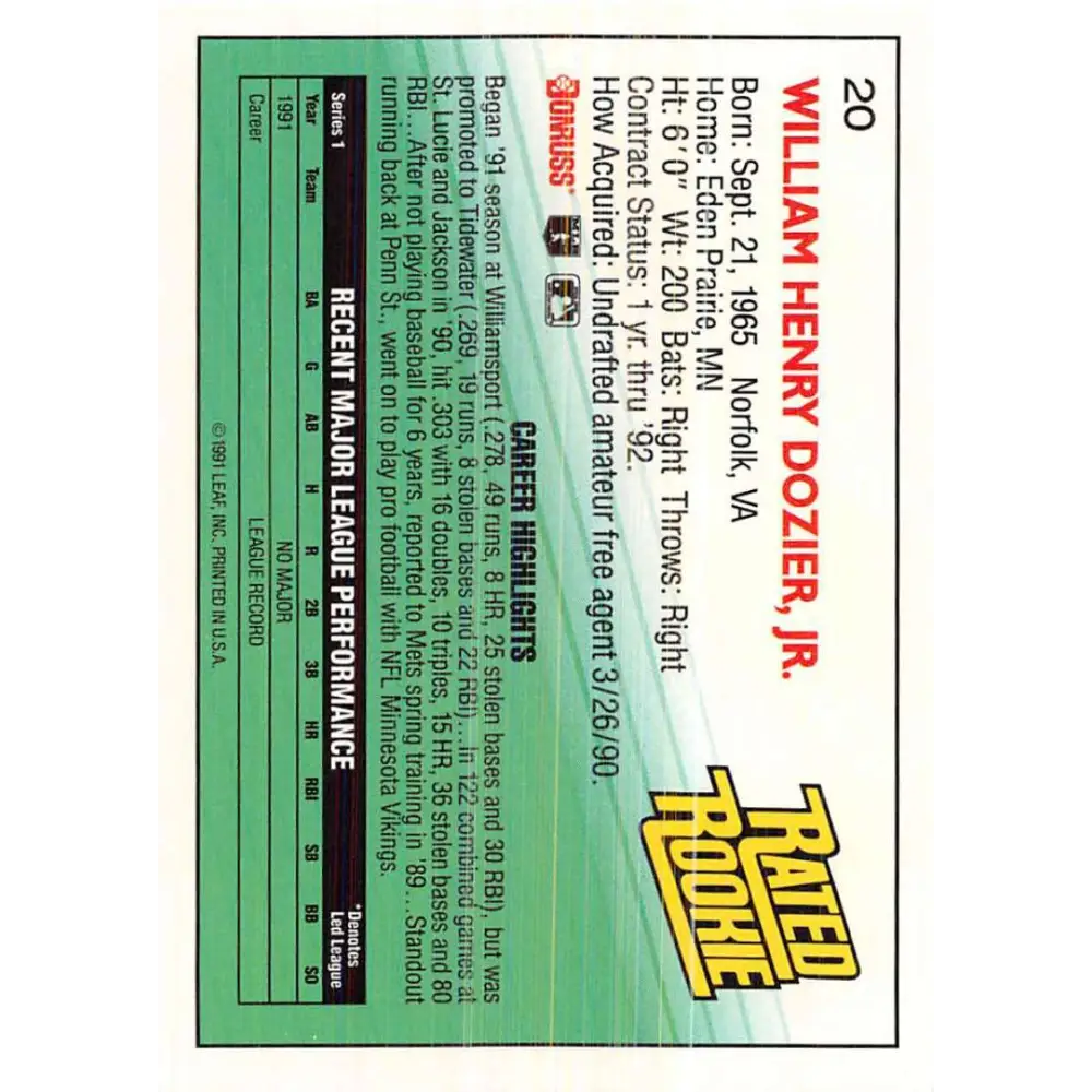 1992 Donruss #20 D.J. Dozier RR NM-MT New York Mets Baseball Card Image 2