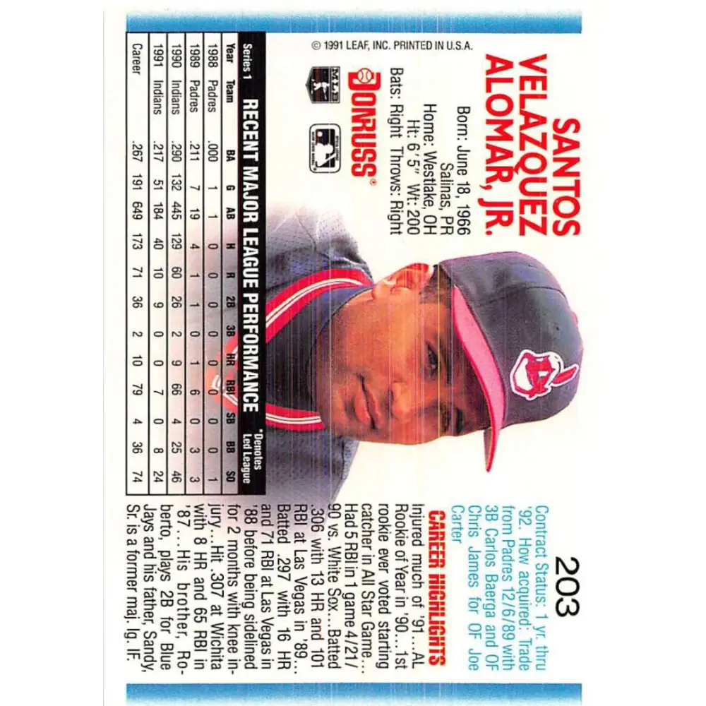 1992 Donruss #203 Sandy Alomar Jr. NM-MT Cleveland Indians Baseball Card Image 2