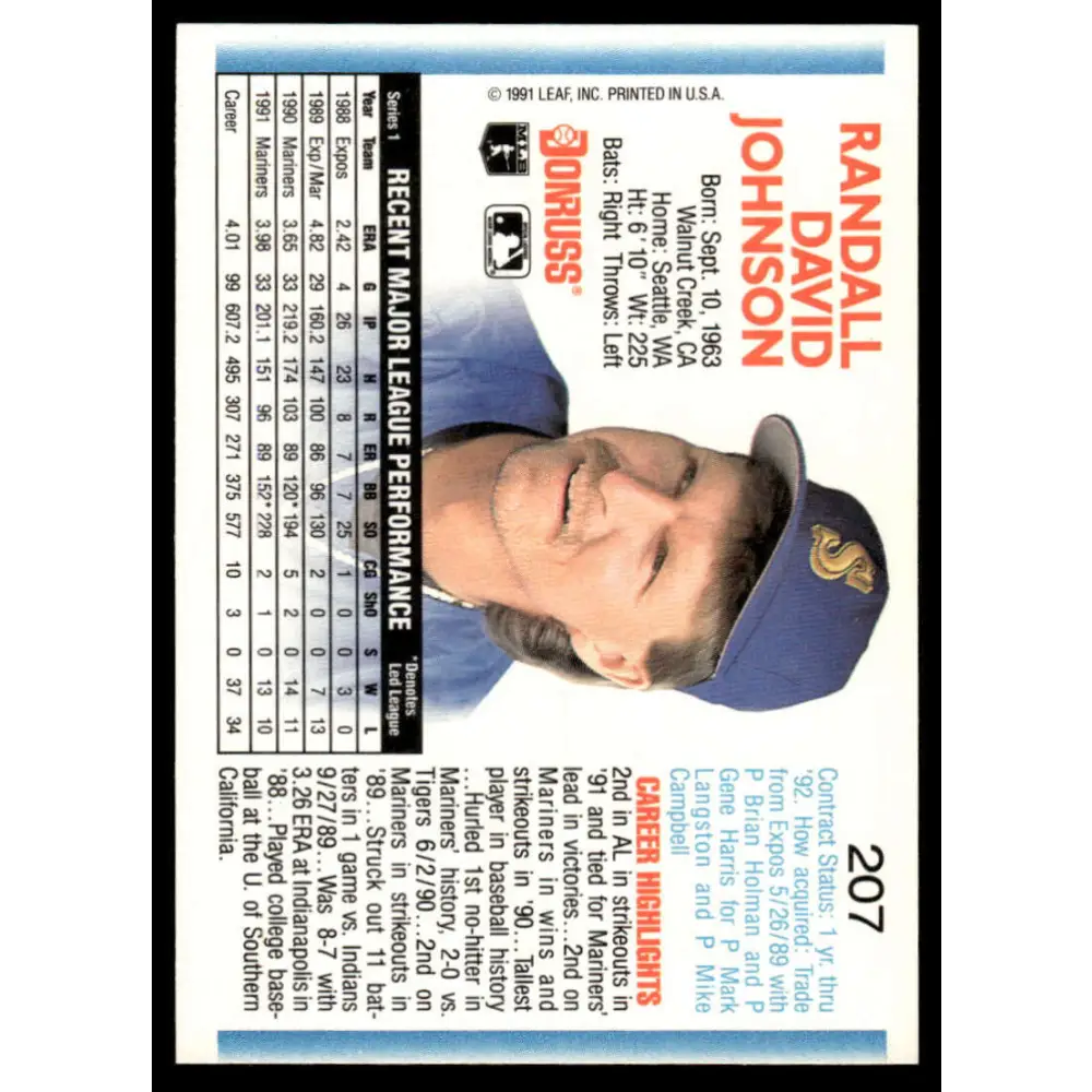 1992 Donruss #207 Randy Johnson EX/NM Seattle Mariners Baseball Card Image 2
