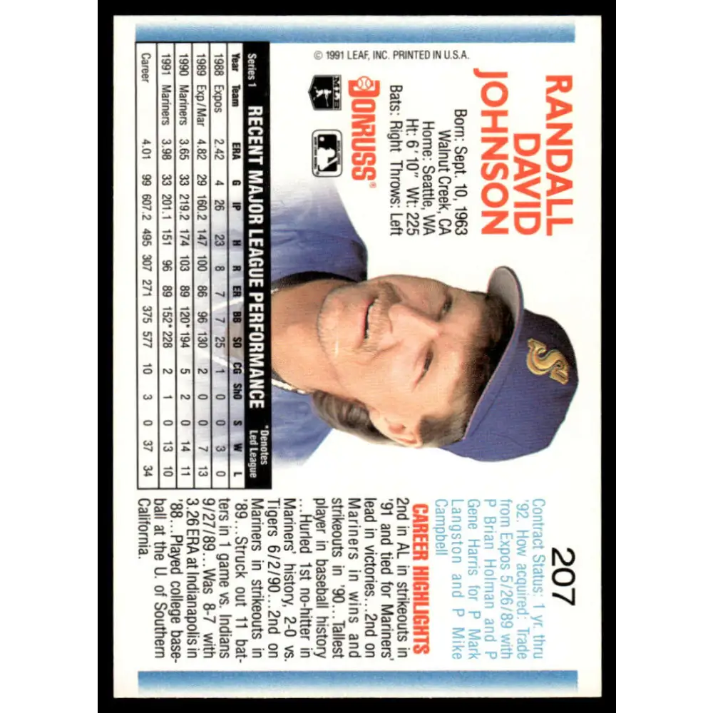 1992 Donruss #207 Randy Johnson NM-MT Seattle Mariners Baseball Card Image 2