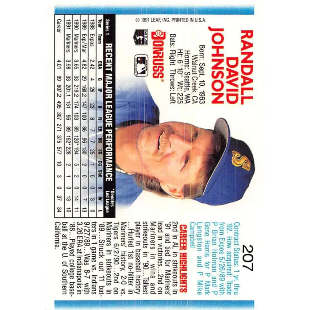 1992 Donruss #207 Randy Johnson NM-MT Seattle Mariners Baseball Card Image 2