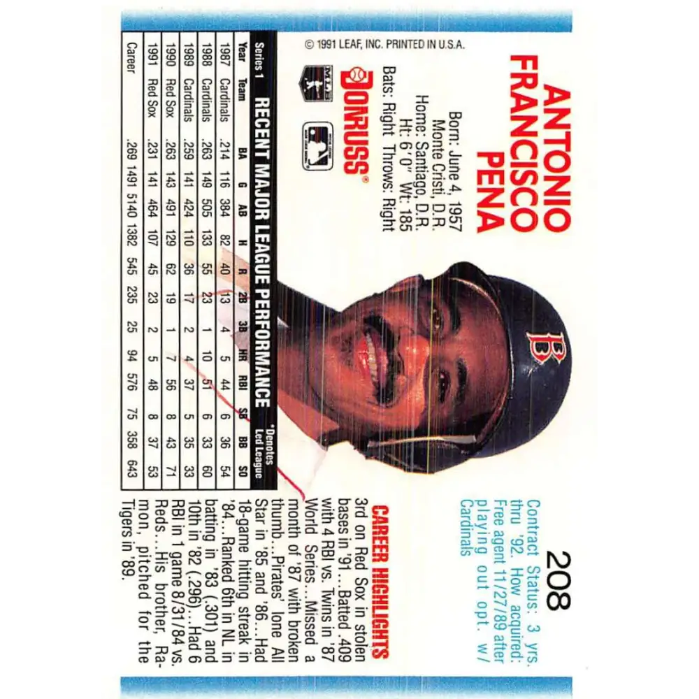1992 Donruss #208 Tony Pena NM-MT Boston Red Sox Baseball Card Image 2