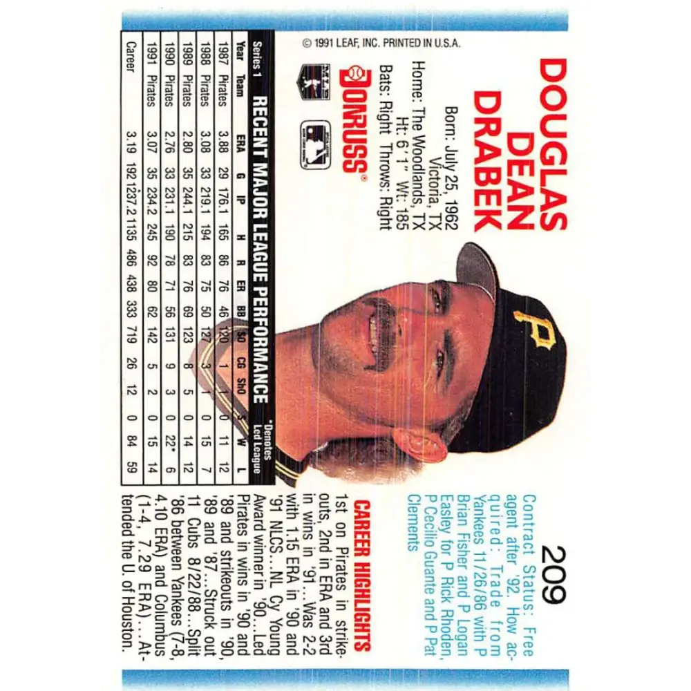 1992 Donruss #209 Doug Drabek NM-MT Pittsburgh Pirates Baseball Card Image 2