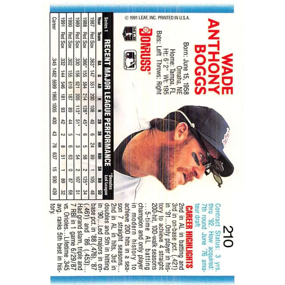1992 Donruss #210 Wade Boggs NM-MT Boston Red Sox Baseball Card Image 2