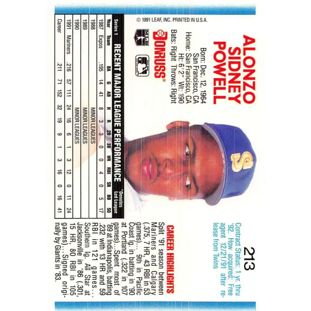 1992 Donruss #213 Alonzo Powell NM-MT Seattle Mariners Baseball Card Image 2