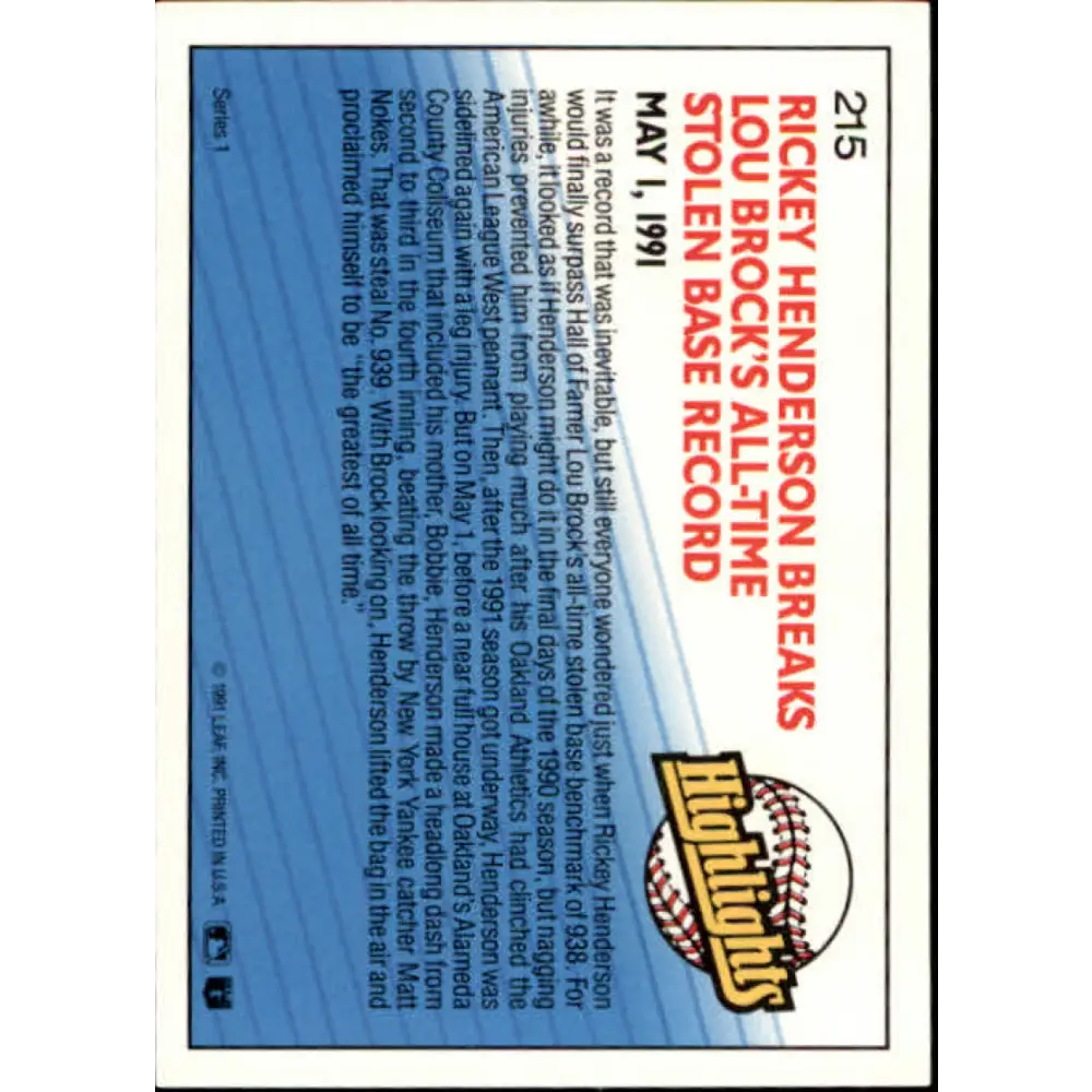 1992 Donruss #215 Rickey Henderson HL NM-MT Oakland Athletics Baseball Card Image 2