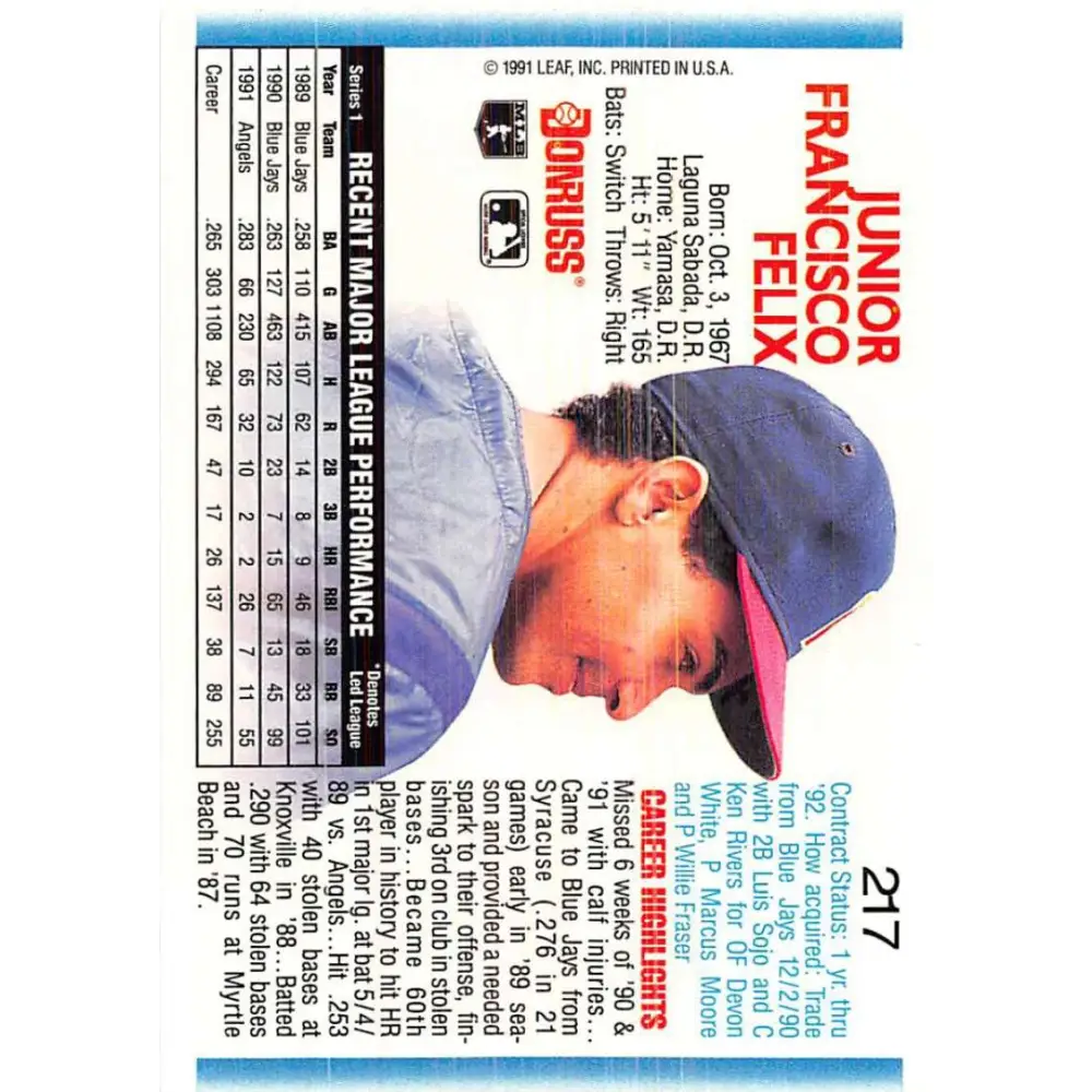 1992 Donruss #217 Junior Felix NM-MT California Angels Baseball Card Image 2