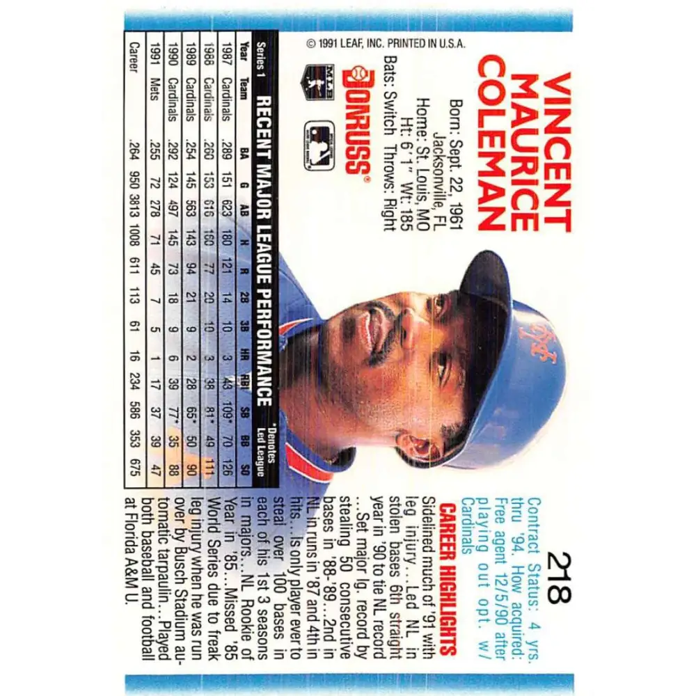 1992 Donruss #218 Vince Coleman NM-MT New York Mets Baseball Card Image 2
