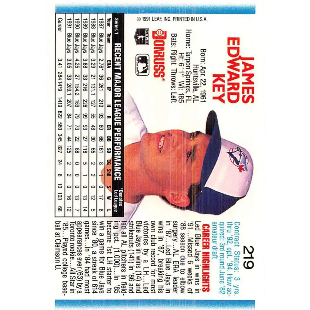1992 Donruss #219 Jimmy Key NM-MT Toronto Blue Jays Baseball Card Image 2