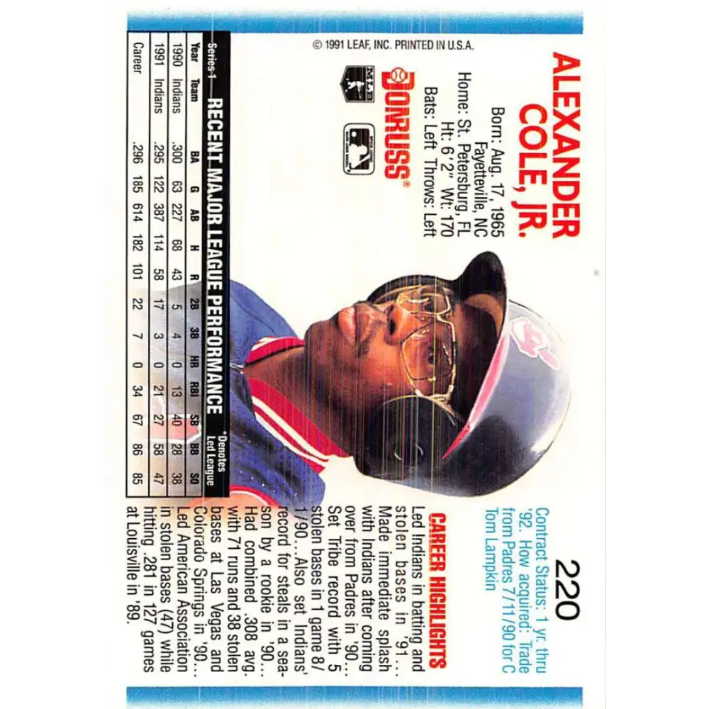 1992 Donruss #220 Alex Cole NM-MT Cleveland Indians Baseball Card Image 2
