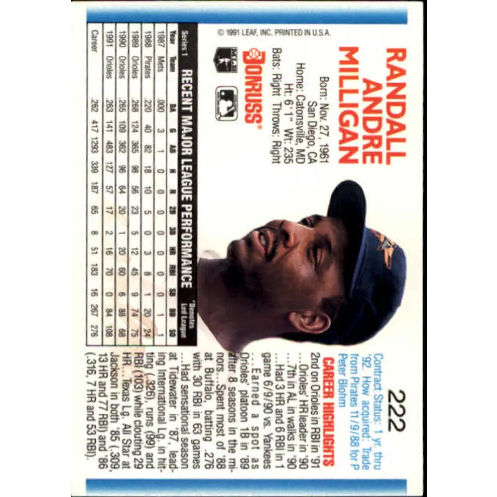 1992 Donruss #222 Randy Milligan NM-MT Baltimore Orioles Baseball Card Image 2
