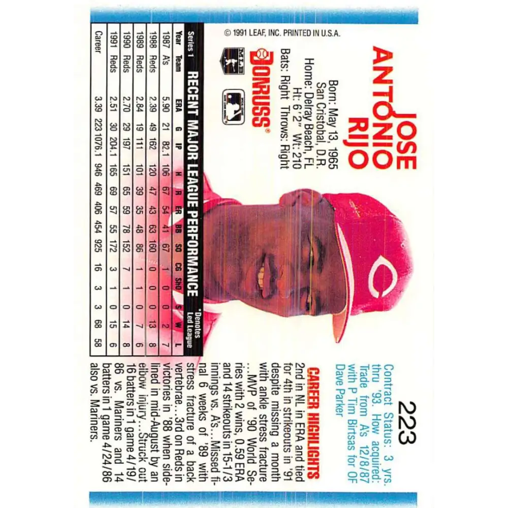 1992 Donruss #223 Jose Rijo NM-MT Cincinnati Reds Baseball Card Image 2