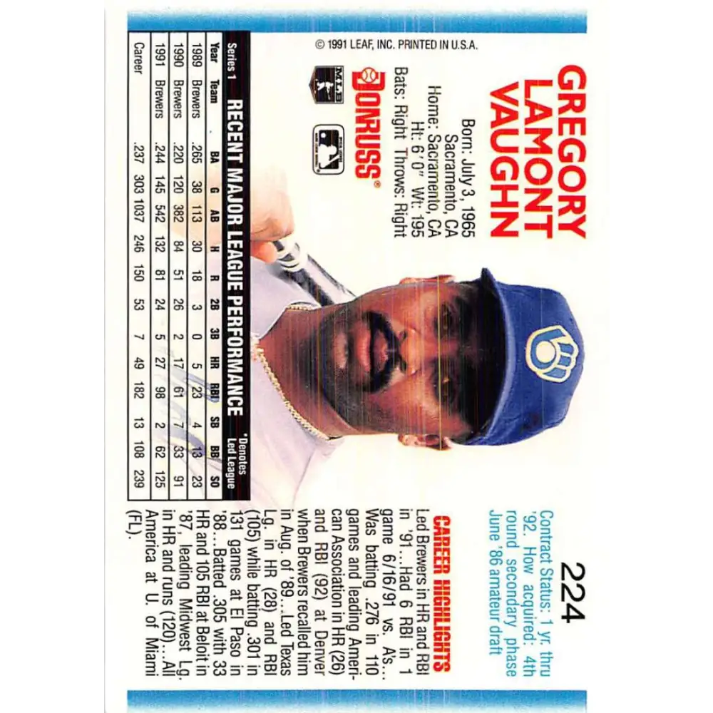 1992 Donruss #224 Greg Vaughn NM-MT Milwaukee Brewers Baseball Card Image 2