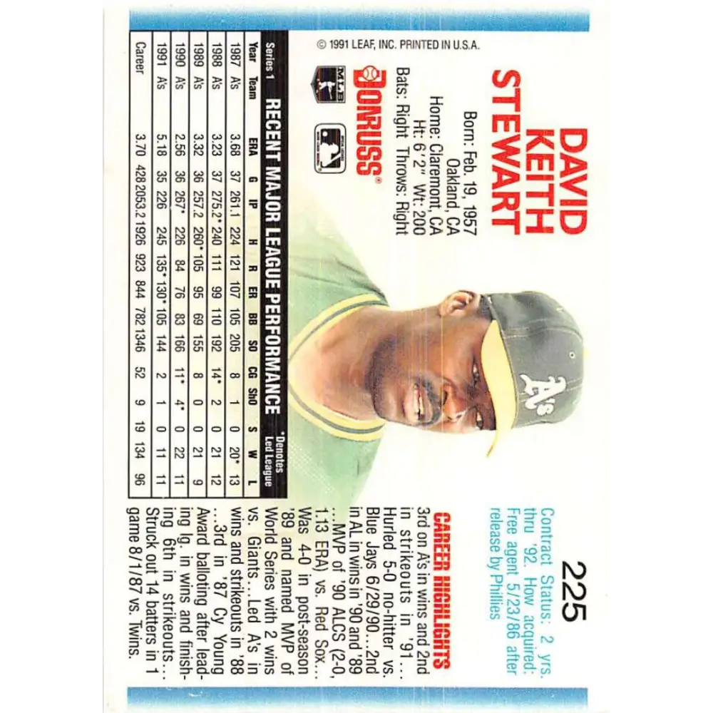 1992 Donruss #225 Dave Stewart NM-MT Oakland Athletics Baseball Card Image 2
