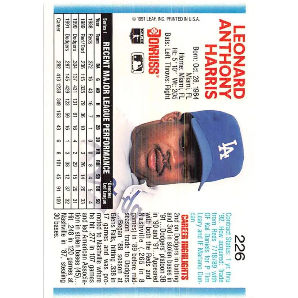 1992 Donruss #226 Lenny Harris NM-MT Los Angeles Dodgers Baseball Card Image 2