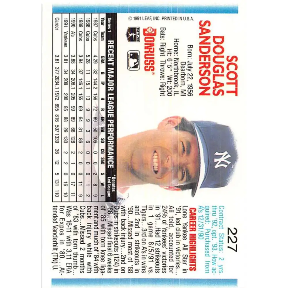 1992 Donruss #227 Scott Sanderson NM-MT New York Yankees Baseball Card Image 2