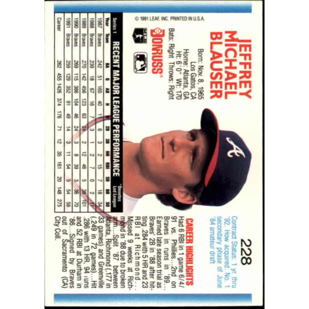 1992 Donruss #228 Jeff Blauser NM-MT Atlanta Braves Baseball Card Image 2