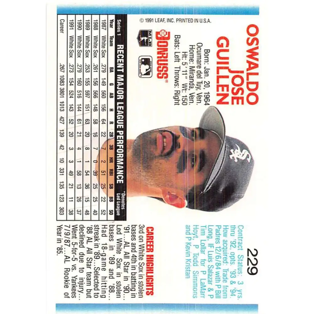 1992 Donruss #229 Ozzie Guillen NM-MT Chicago White Sox Baseball Card Image 2