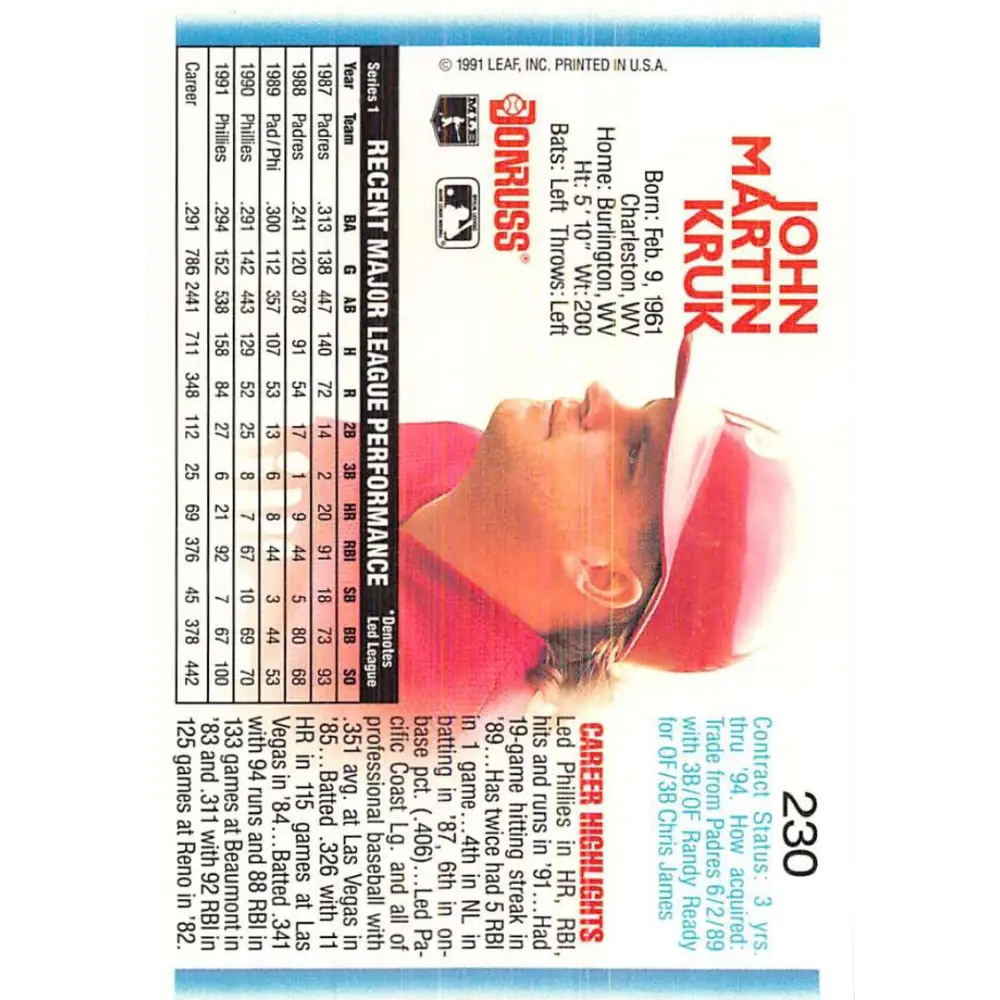 1992 Donruss #230 John Kruk NM-MT Philadelphia Phillies Baseball Card Image 2