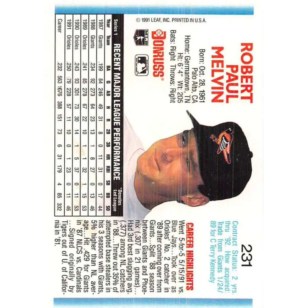 1992 Donruss #231 Bob Melvin NM-MT Baltimore Orioles Baseball Card Image 2