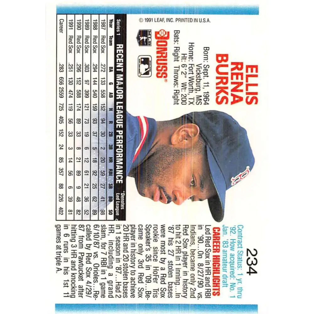 1992 Donruss #234 Ellis Burks NM-MT Boston Red Sox Baseball Card Image 2