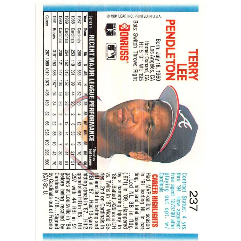 1992 Donruss #237 Terry Pendleton NM-MT Atlanta Braves Baseball Card Image 2
