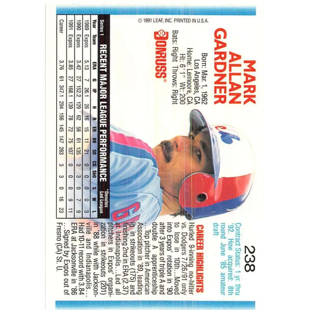 1992 Donruss #238 Mark Gardner NM-MT Montreal Expos Baseball Card Image 2