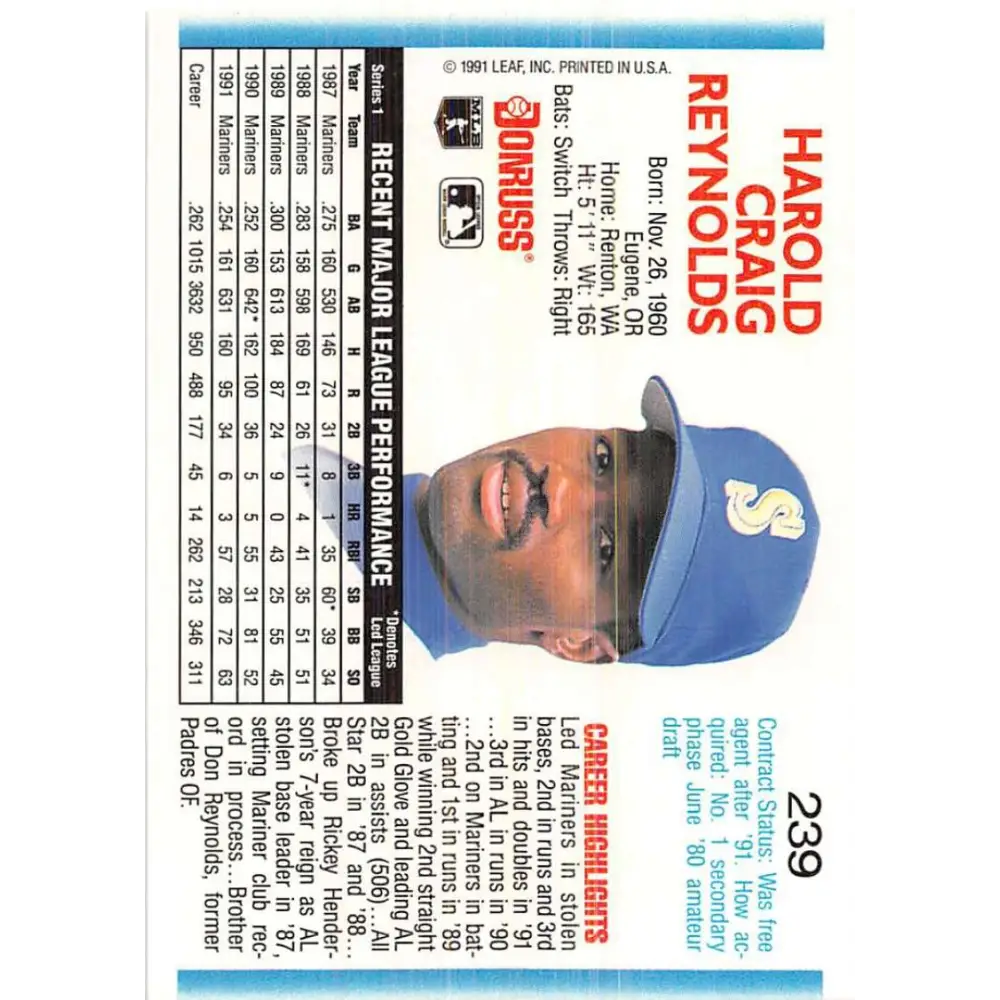 1992 Donruss #239 Harold Reynolds NM-MT Seattle Mariners Baseball Card Image 2