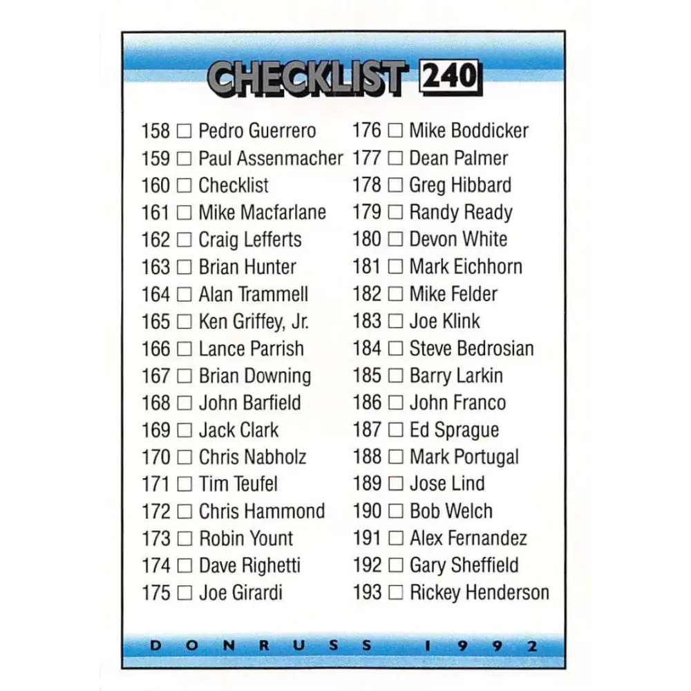 1992 Donruss #240 Checklist 158-237 NM-MT Checklist Baseball Card Image 1