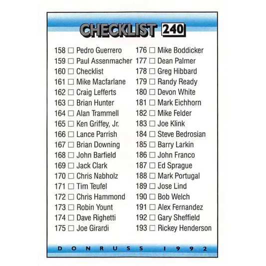 1992 Donruss #240 Checklist 158-237 NM-MT Checklist Baseball Card Image 1