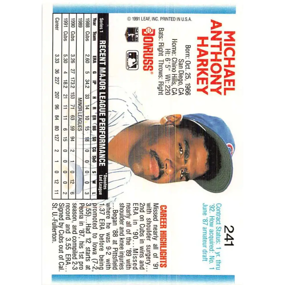 1992 Donruss #241 Mike Harkey NM-MT Chicago Cubs Baseball Card Image 2