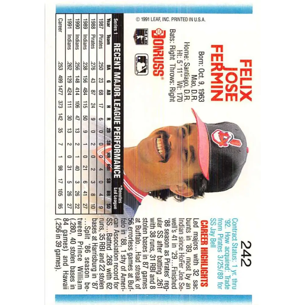 1992 Donruss #242 Felix Fermin NM-MT Cleveland Indians Baseball Card Image 2