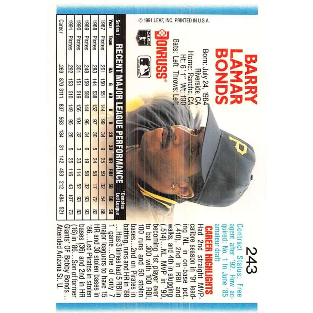 1992 Donruss #243 Barry Bonds NM-MT Pittsburgh Pirates Baseball Card Image 2
