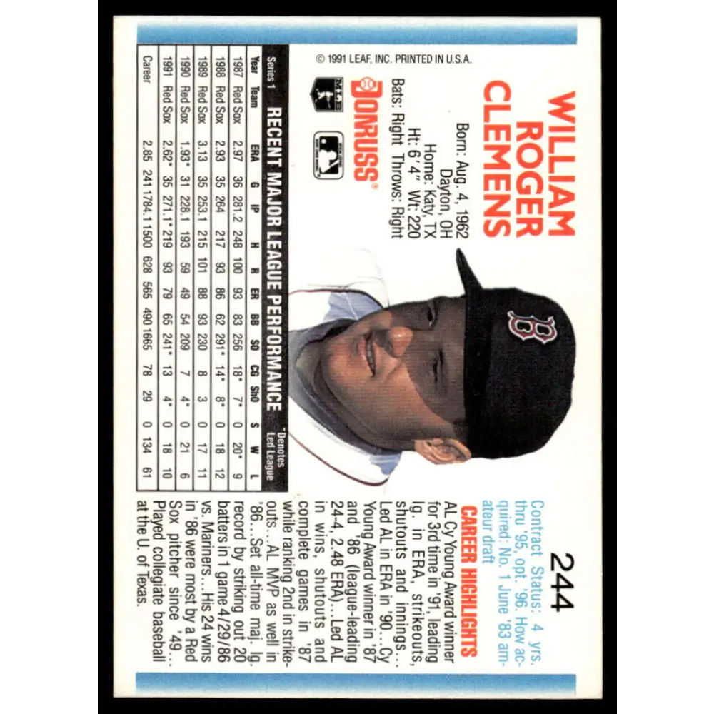 1992 Donruss #244 Roger Clemens EX/NM Boston Red Sox Baseball Card Image 2