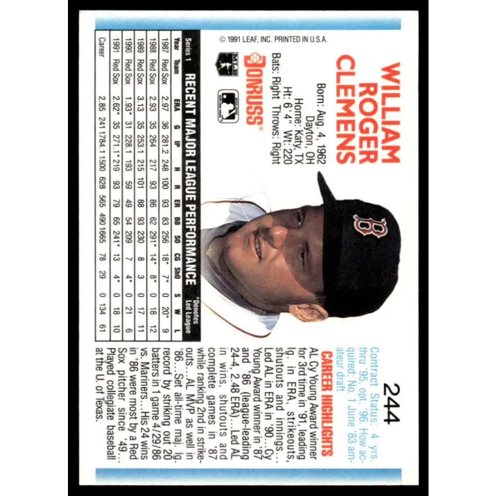 1992 Donruss #244 Roger Clemens EX/NM Boston Red Sox Baseball Card Image 2