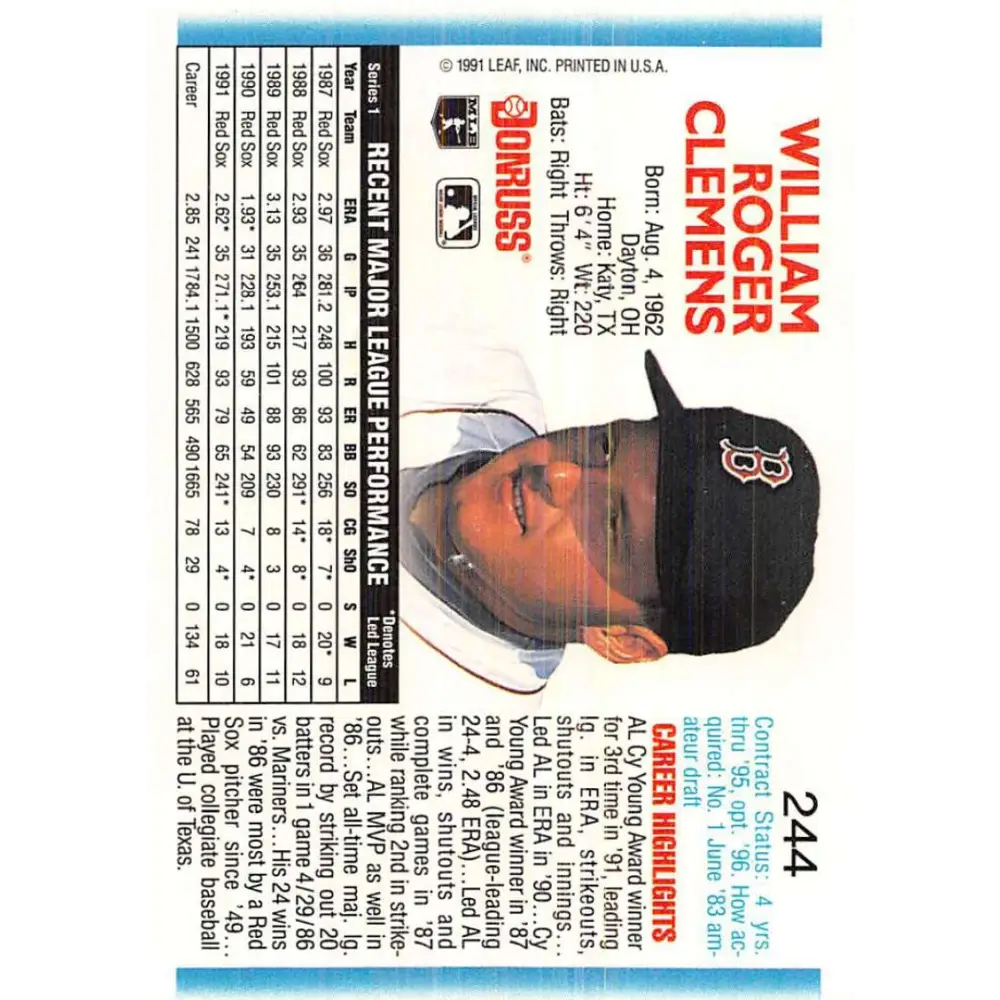 1992 Donruss #244 Roger Clemens NM-MT Boston Red Sox Baseball Card Image 2