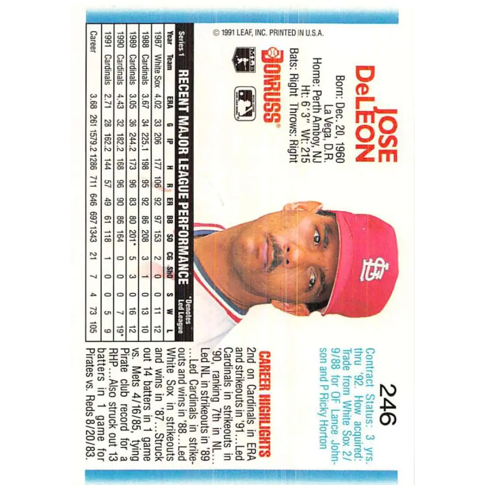 1992 Donruss #246 Jose DeLeon NM-MT St. Louis Cardinals Baseball Card Image 2