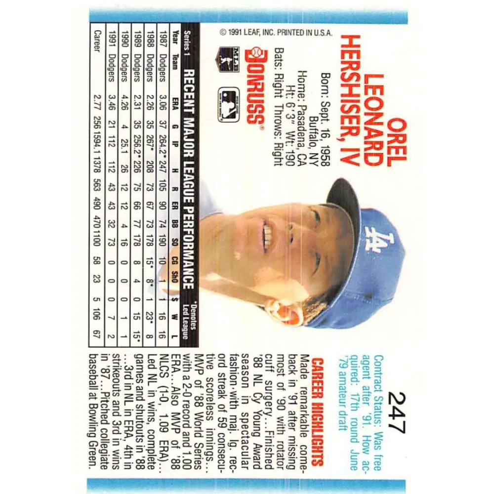 1992 Donruss #247 Orel Hershiser NM-MT Los Angeles Dodgers Baseball Card Image 2