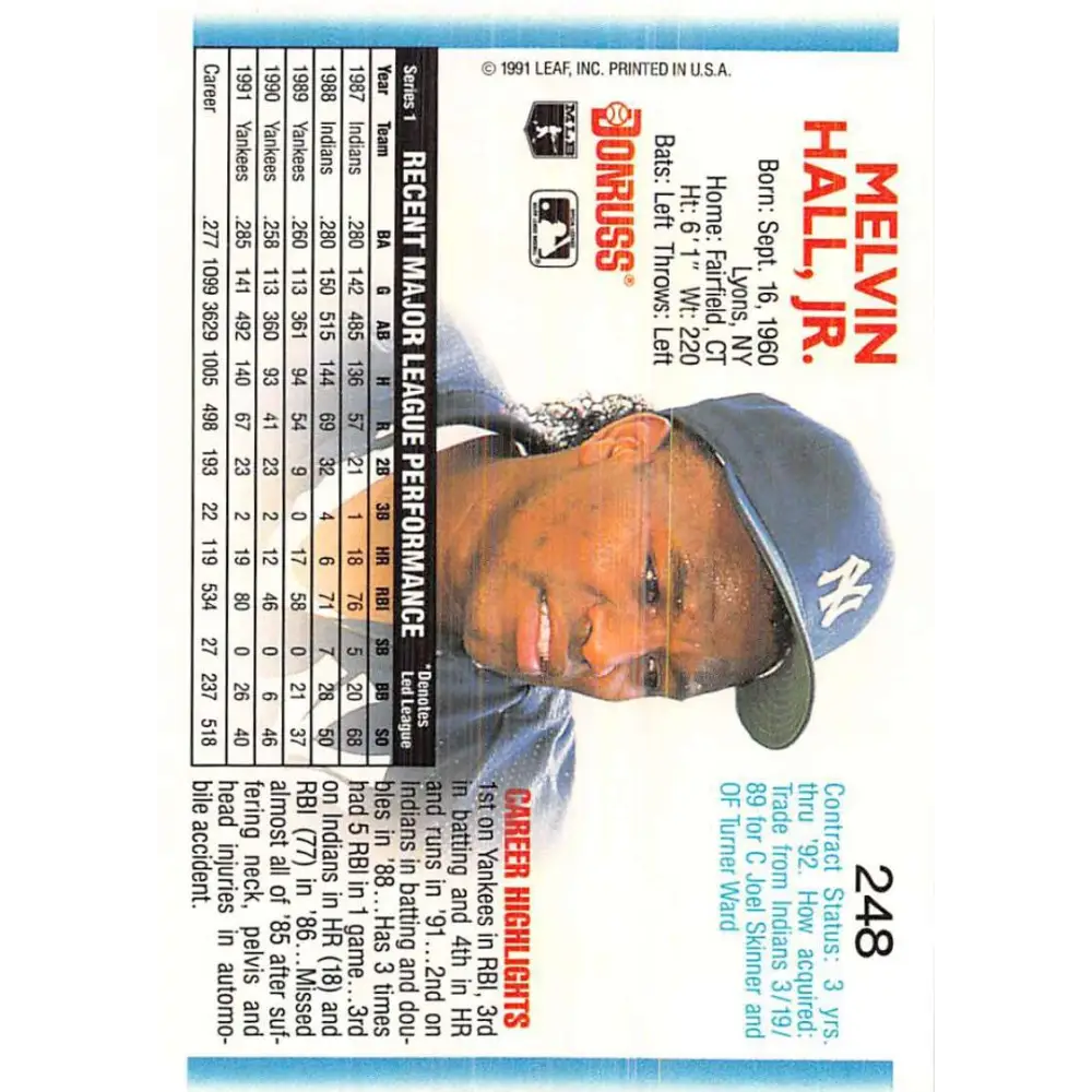 1992 Donruss #248 Mel Hall NM-MT New York Yankees Baseball Card Image 2
