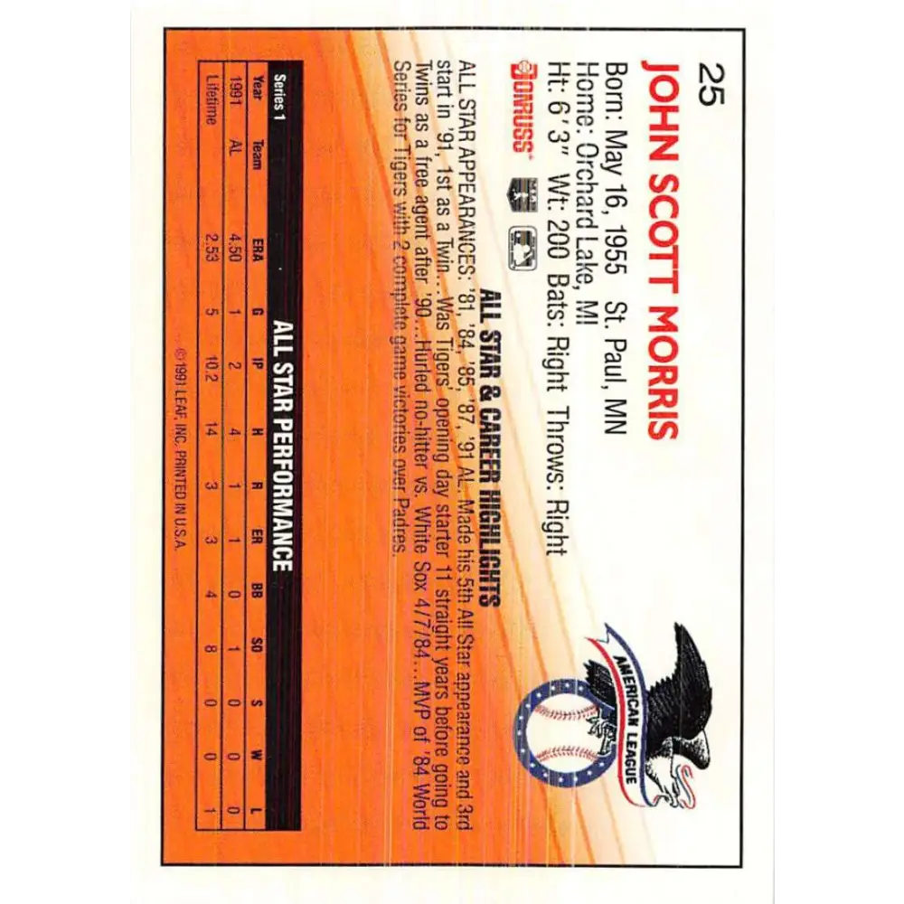 1992 Donruss #25 Jack Morris AS NM-MT Minnesota Twins Baseball Card Image 2