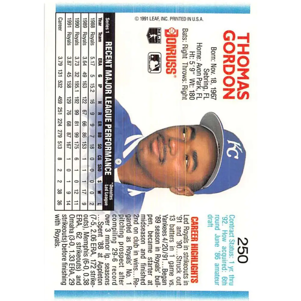 1992 Donruss #250 Tom Gordon NM-MT Kansas City Royals Baseball Card Image 2