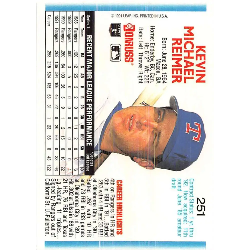 1992 Donruss #251 Kevin Reimer NM-MT Texas Rangers Baseball Card Image 2