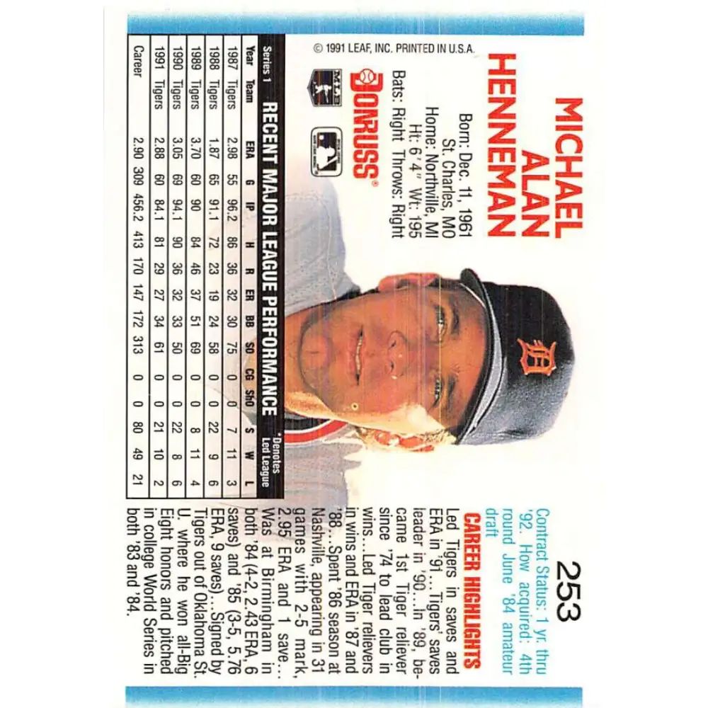 1992 Donruss #253 Mike Henneman NM-MT Detroit Tigers Baseball Card Image 2
