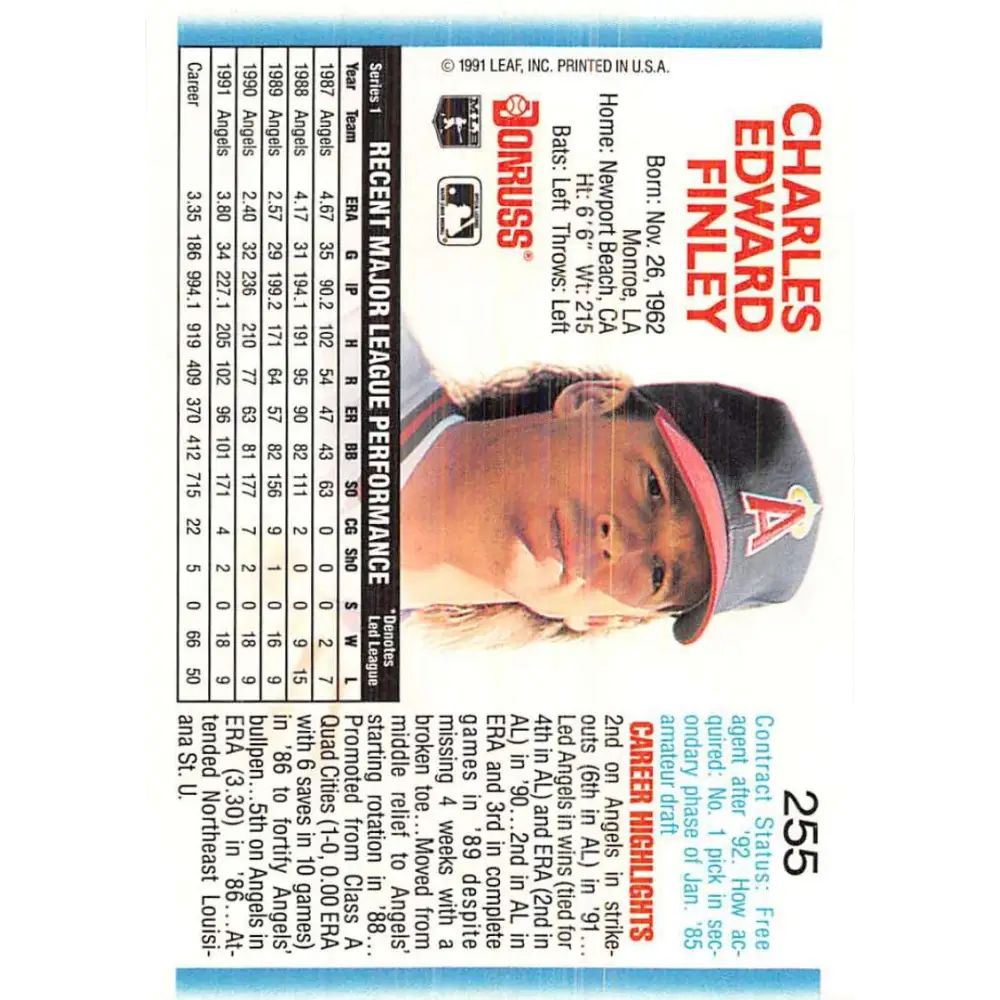 1992 Donruss #255 Chuck Finley NM-MT California Angels Baseball Card Image 2