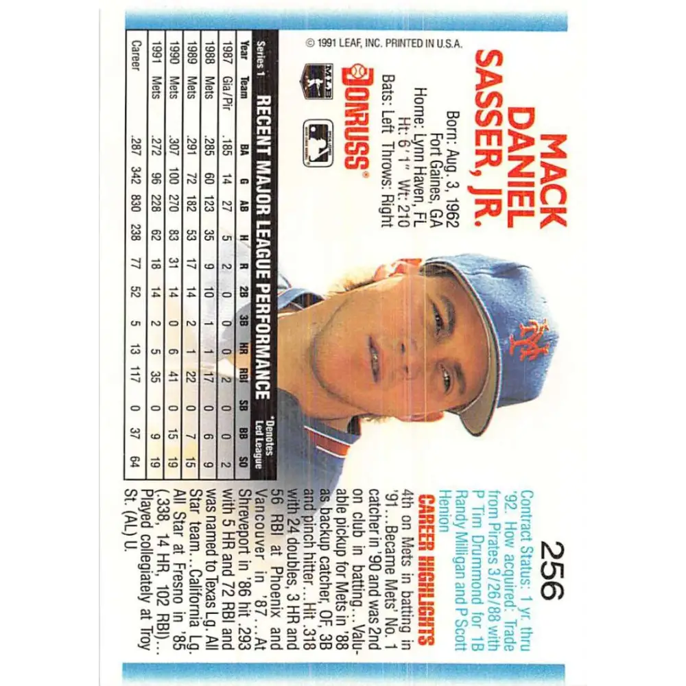 1992 Donruss #256 Mackey Sasser NM-MT New York Mets Baseball Card Image 2
