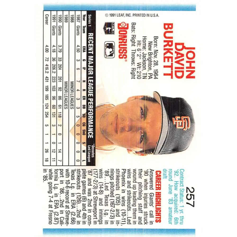 1992 Donruss #257 John Burkett NM-MT San Francisco Giants Baseball Card Image 2