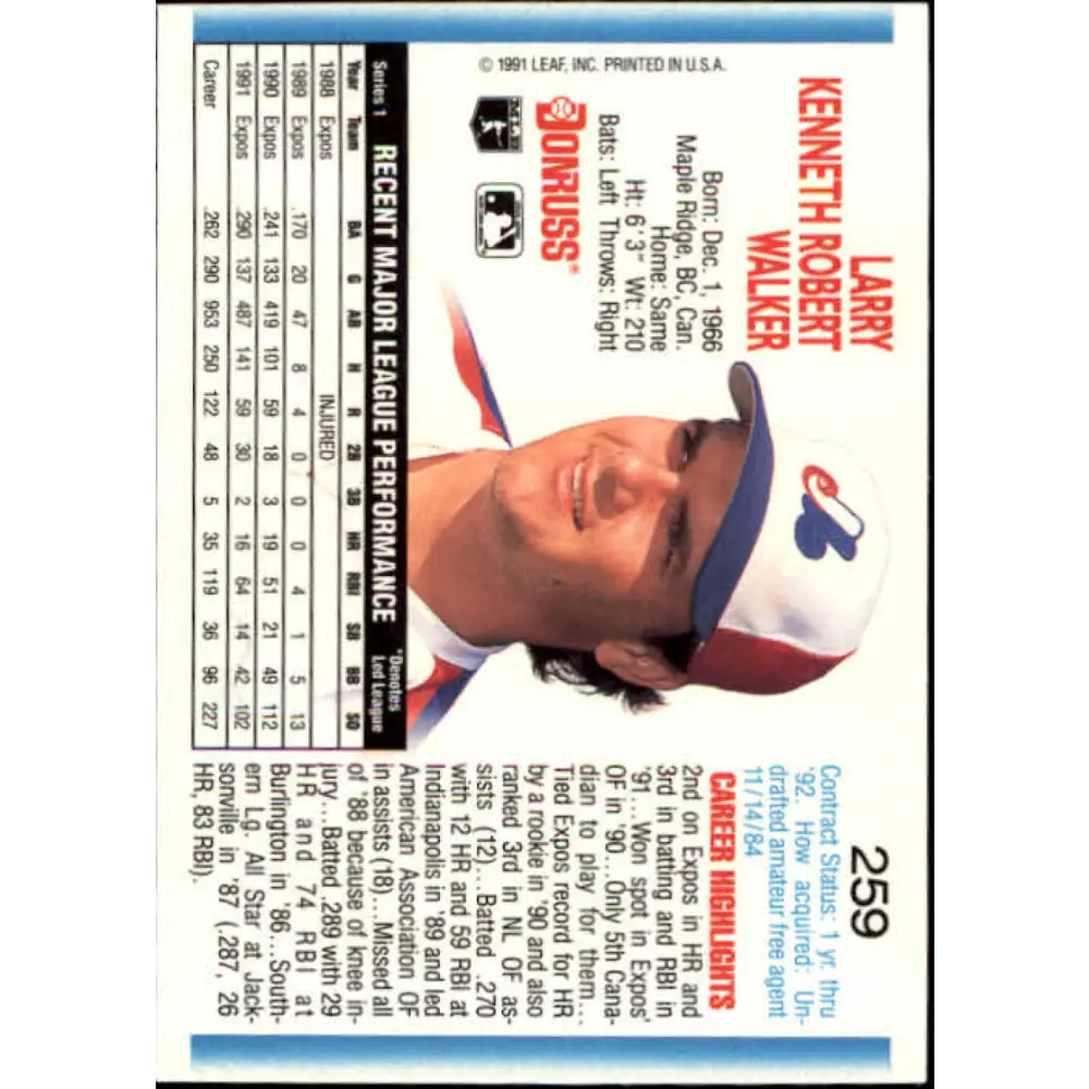 1992 Donruss #259 Larry Walker NM-MT Montreal Expos Baseball Card Image 2