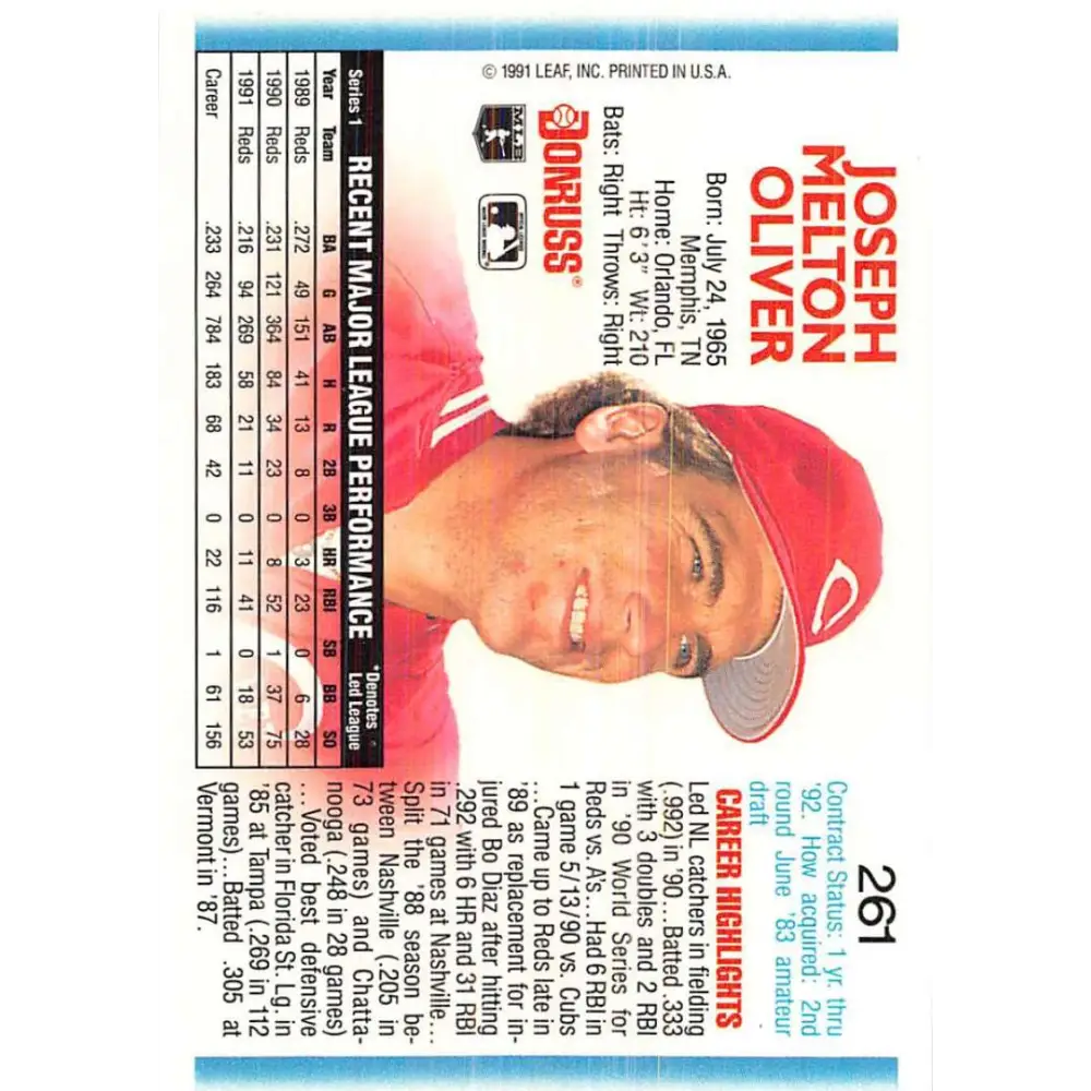 1992 Donruss #261 Joe Oliver NM-MT Cincinnati Reds Baseball Card Image 2